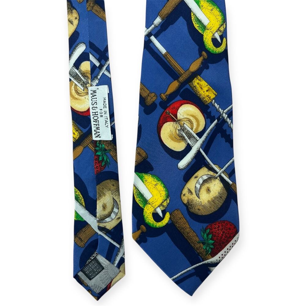 Maus & Hoffman Italian Silk Novelty Kitchen Fruit Print Necktie Blue Vintage